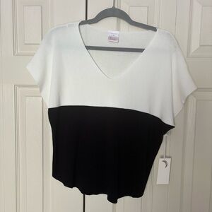 Women's Black and White V-Neck Top Colorblock